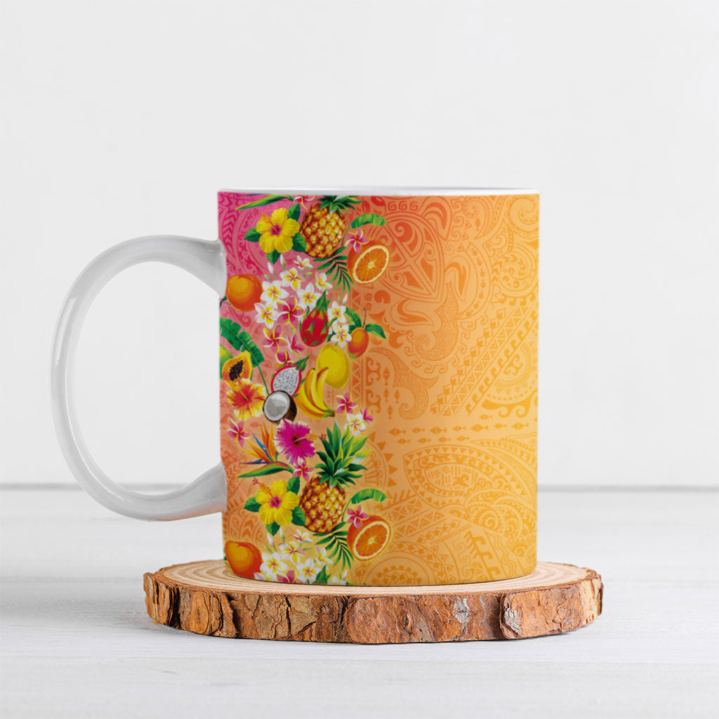 Hawaiian Tropical Fruits and Plants Ceramic Mug Kakau Pattern Summer Vibe LT03 Multicolor - Polynesian Pride