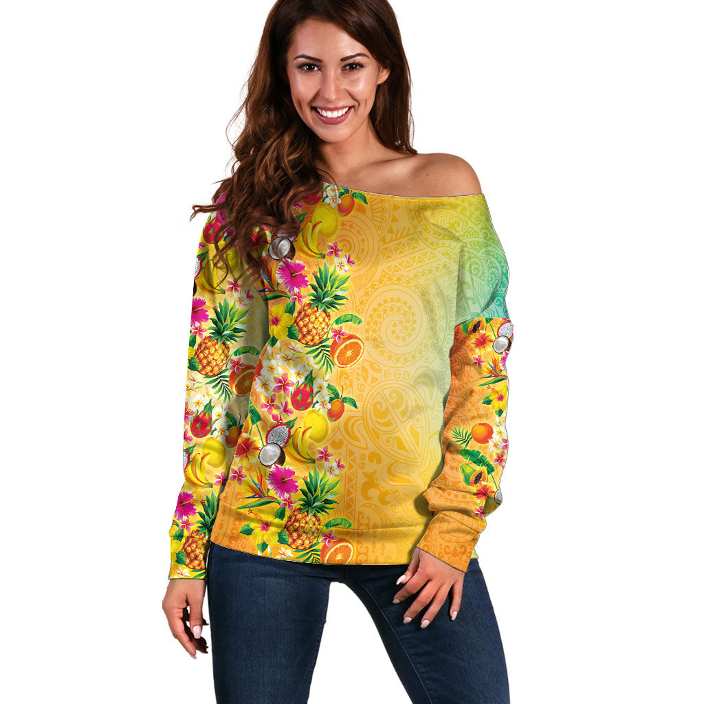 Hawaiian Tropical Fruits and Plants Off Shoulder Sweater Kakau Pattern Summer Vibe LT03 Women Multicolor - Polynesian Pride