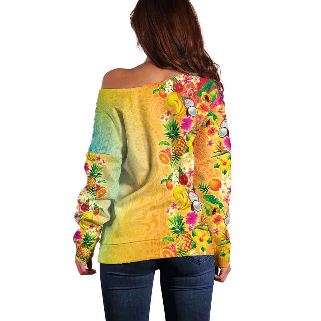 Hawaiian Tropical Fruits and Plants Off Shoulder Sweater Kakau Pattern Summer Vibe LT03 - Polynesian Pride