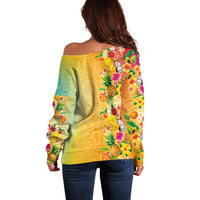 Hawaiian Tropical Fruits and Plants Off Shoulder Sweater Kakau Pattern Summer Vibe LT03 - Polynesian Pride