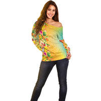 Hawaiian Tropical Fruits and Plants Off Shoulder Sweater Kakau Pattern Summer Vibe LT03 - Polynesian Pride