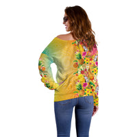Hawaiian Tropical Fruits and Plants Off Shoulder Sweater Kakau Pattern Summer Vibe LT03 - Polynesian Pride