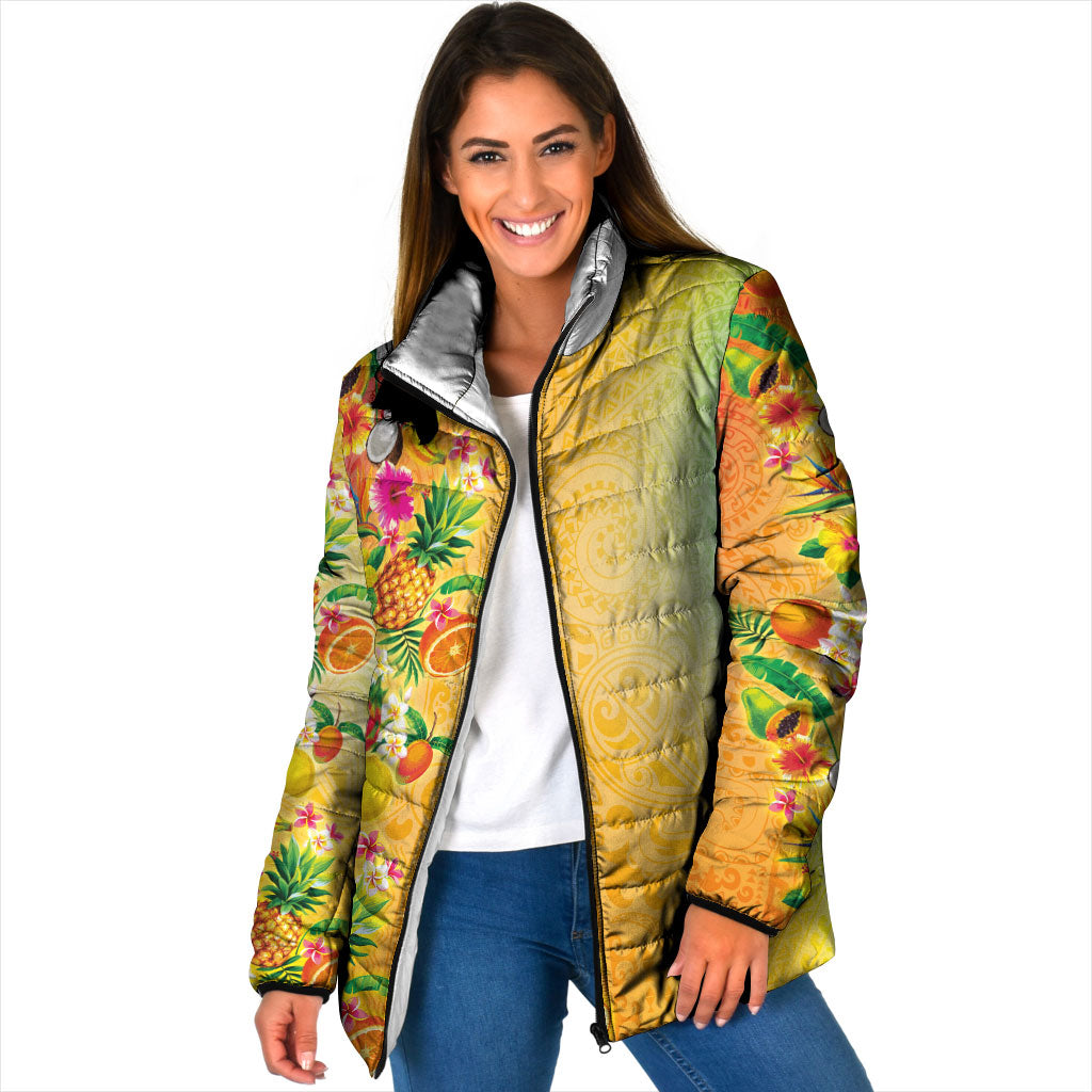 Hawaiian Tropical Fruits and Plants Padded Jacket Kakau Pattern Summer Vibe LT03 Women Multicolor - Polynesian Pride