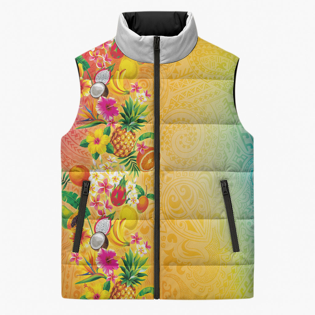Hawaiian Tropical Fruits and Plants Sleeveless Puffer Jacket Kakau Pattern Summer Vibe LT03 Unisex Multicolor - Polynesian Pride