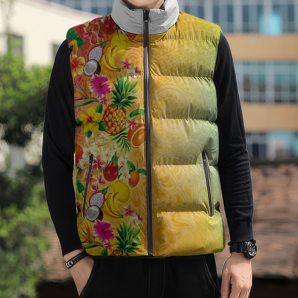 Hawaiian Tropical Fruits and Plants Sleeveless Puffer Jacket Kakau Pattern Summer Vibe LT03 - Polynesian Pride