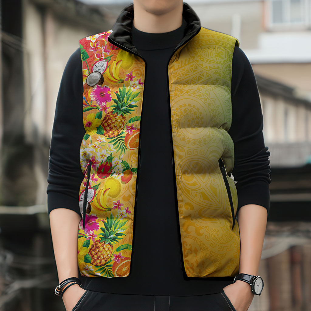 Hawaiian Tropical Fruits and Plants Sleeveless Puffer Jacket Kakau Pattern Summer Vibe LT03 - Polynesian Pride