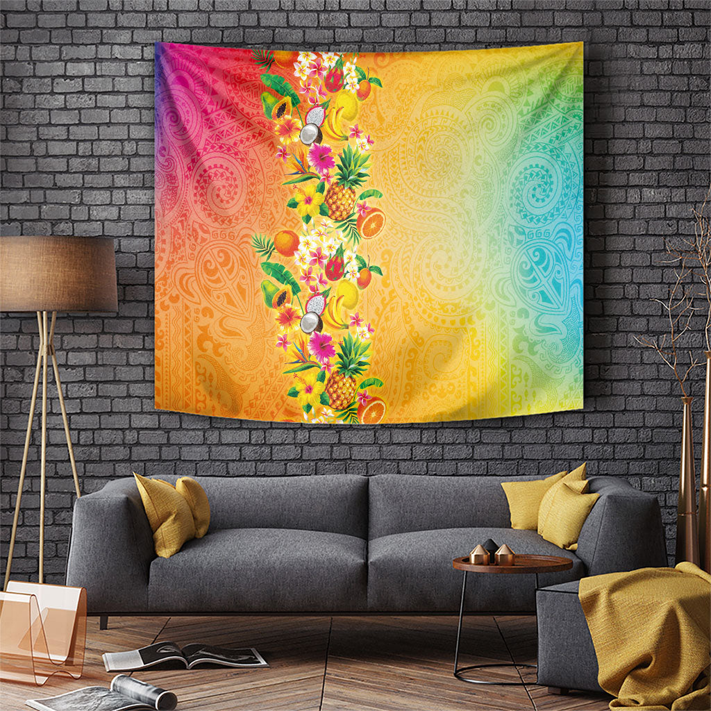 Hawaiian Tropical Fruits and Plants Tapestry Kakau Pattern Summer Vibe LT03 Multicolor - Polynesian Pride