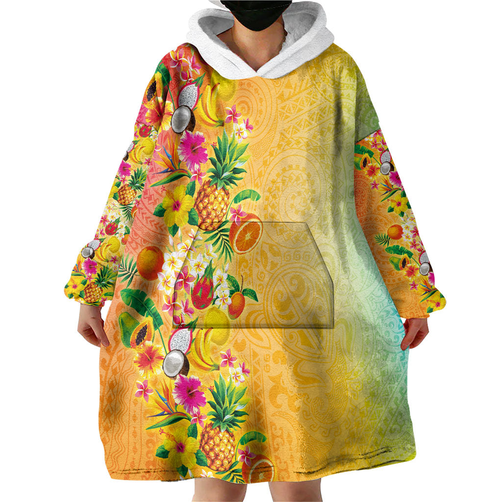 Hawaiian Tropical Fruits and Plants Wearable Blanket Hoodie Kakau Pattern Summer Vibe LT03 - Polynesian Pride