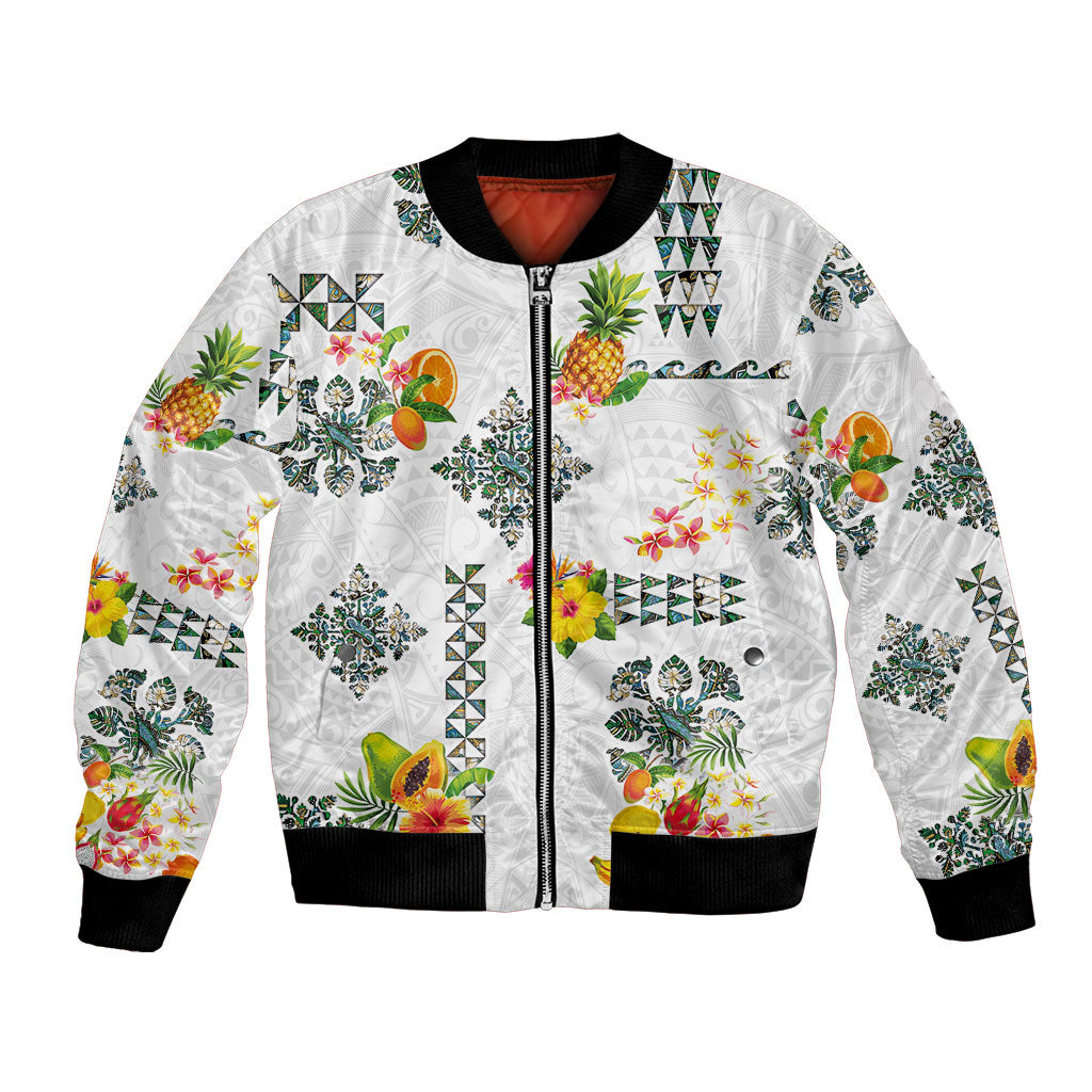 Hawaiian Quilts Bomber Jacket Tropical Fruits and Plants LT03 Unisex White - Polynesian Pride