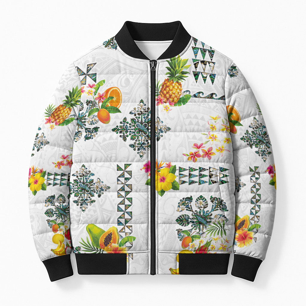 Hawaiian Quilts Bomber Puffer Jacket Tropical Fruits and Plants LT03 Unisex White - Polynesian Pride