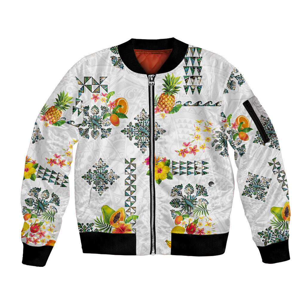 Hawaiian Quilts Sleeve Zip Bomber Jacket Tropical Fruits and Plants LT03 Unisex White - Polynesian Pride