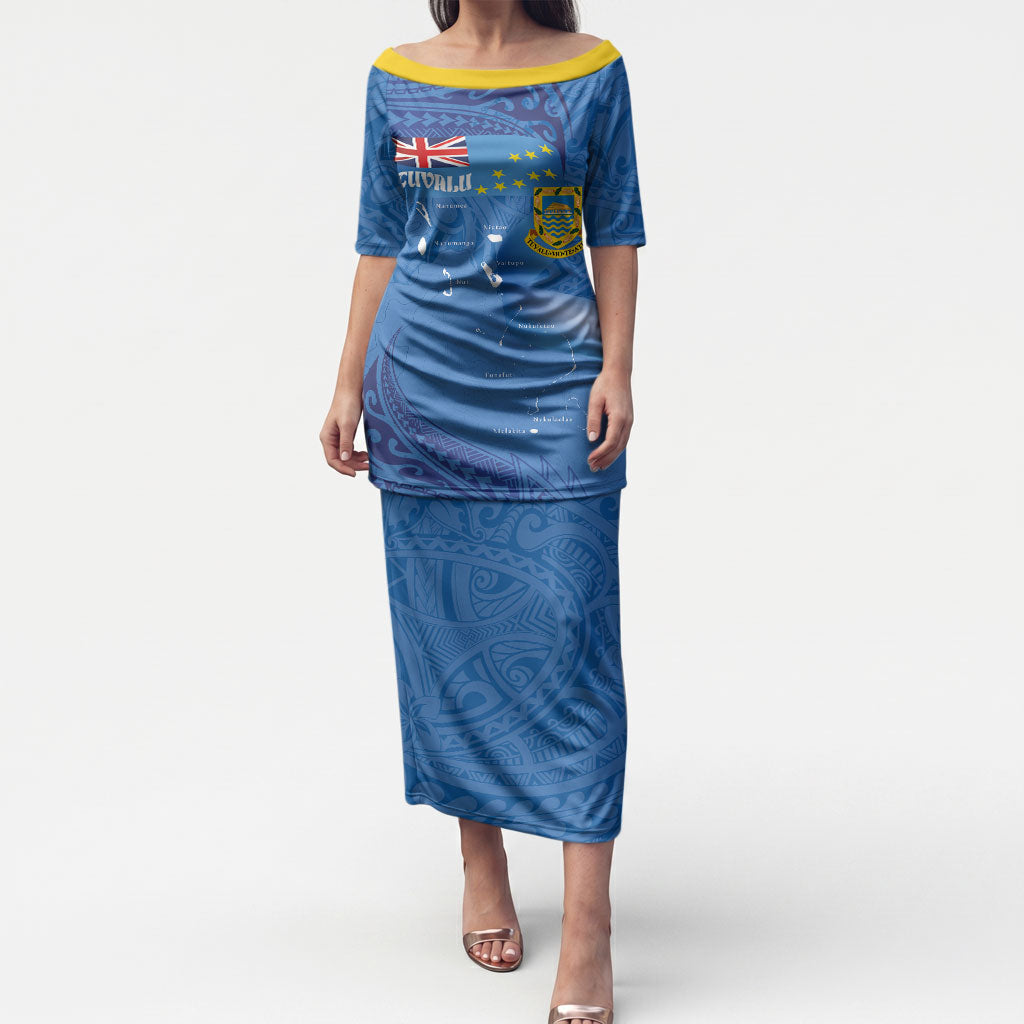 Tuvalu Heritage Puletasi Map of the Islands and Polynesia Pattern LT03 Long Dress Blue - Polynesian Pride