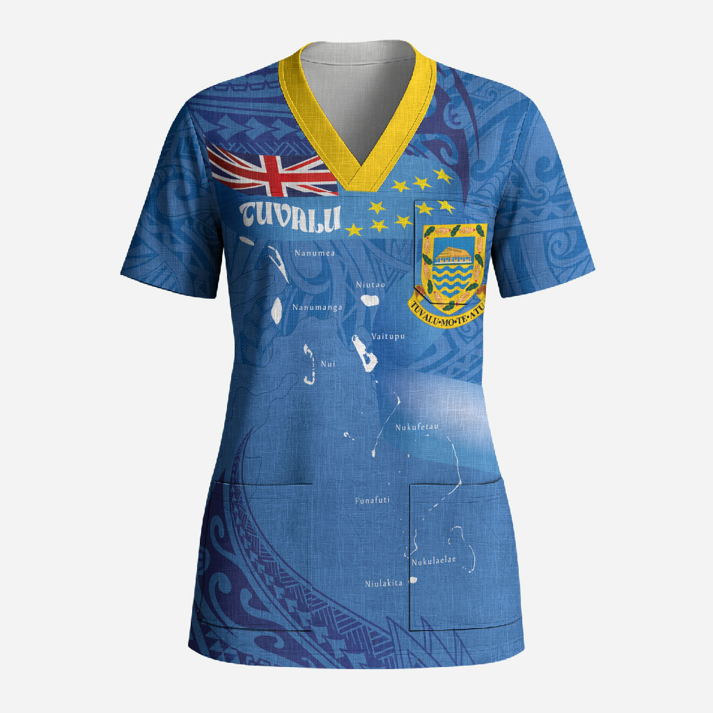 Tuvalu Heritage Scrub Top Map of the Islands and Polynesia Pattern LT03 Adult Blue - Polynesian Pride