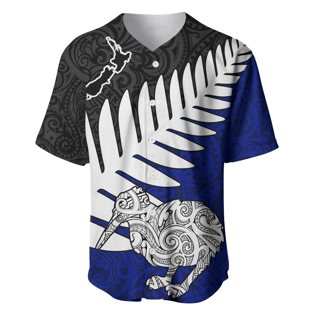 Aotearoa New Zealand Baseball Jersey Silver Fern Kiwi Bird and NZ Map with Maori Tribal Blue Style LT03 Blue - Polynesian Pride