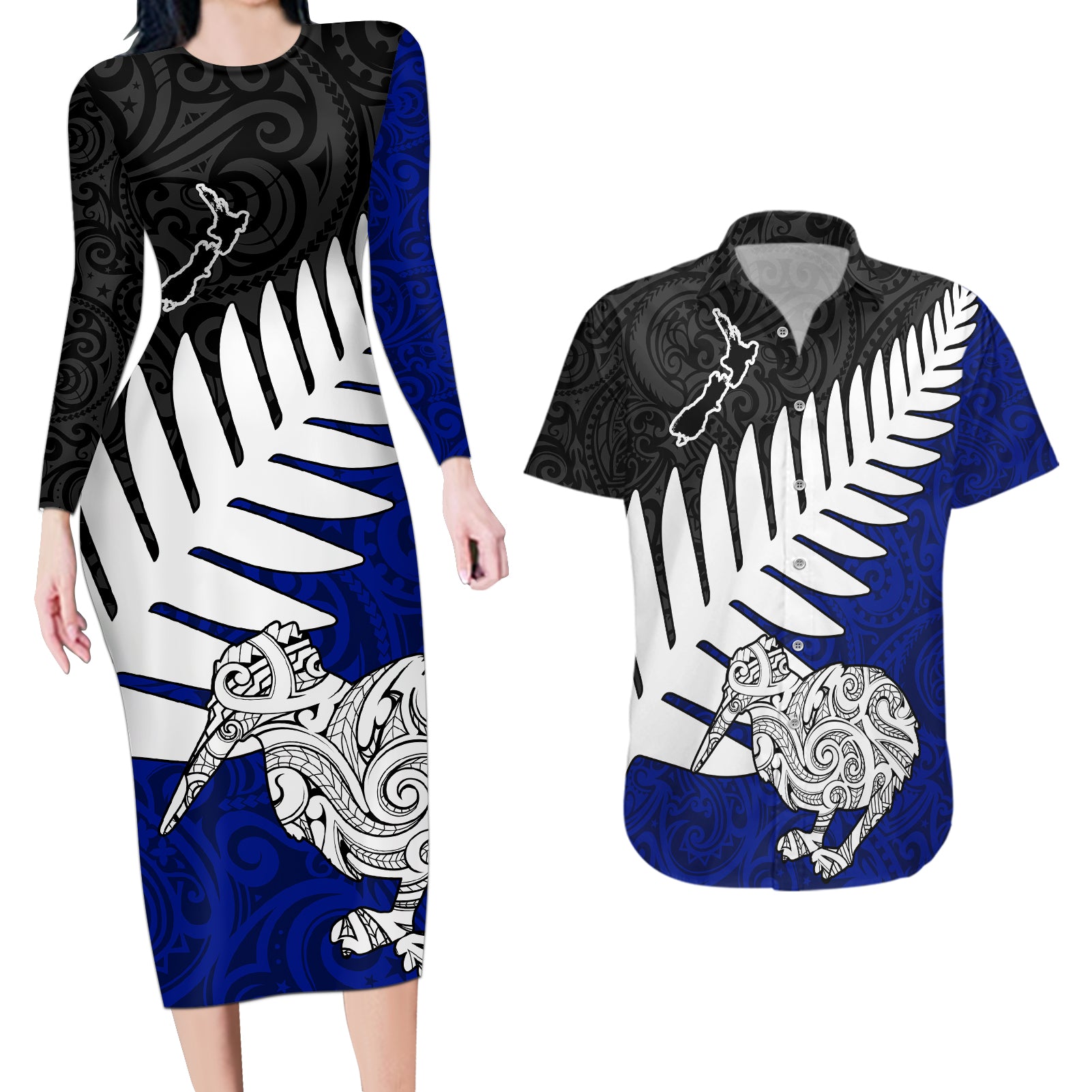 Aotearoa New Zealand Couples Matching Long Sleeve Bodycon Dress and Hawaiian Shirt Silver Fern Kiwi Bird and NZ Map with Maori Tribal Blue Style LT03 Blue - Polynesian Pride