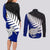 Aotearoa New Zealand Couples Matching Long Sleeve Bodycon Dress and Long Sleeve Button Shirts Silver Fern Kiwi Bird and NZ Map with Maori Tribal Blue Style LT03 - Polynesian Pride