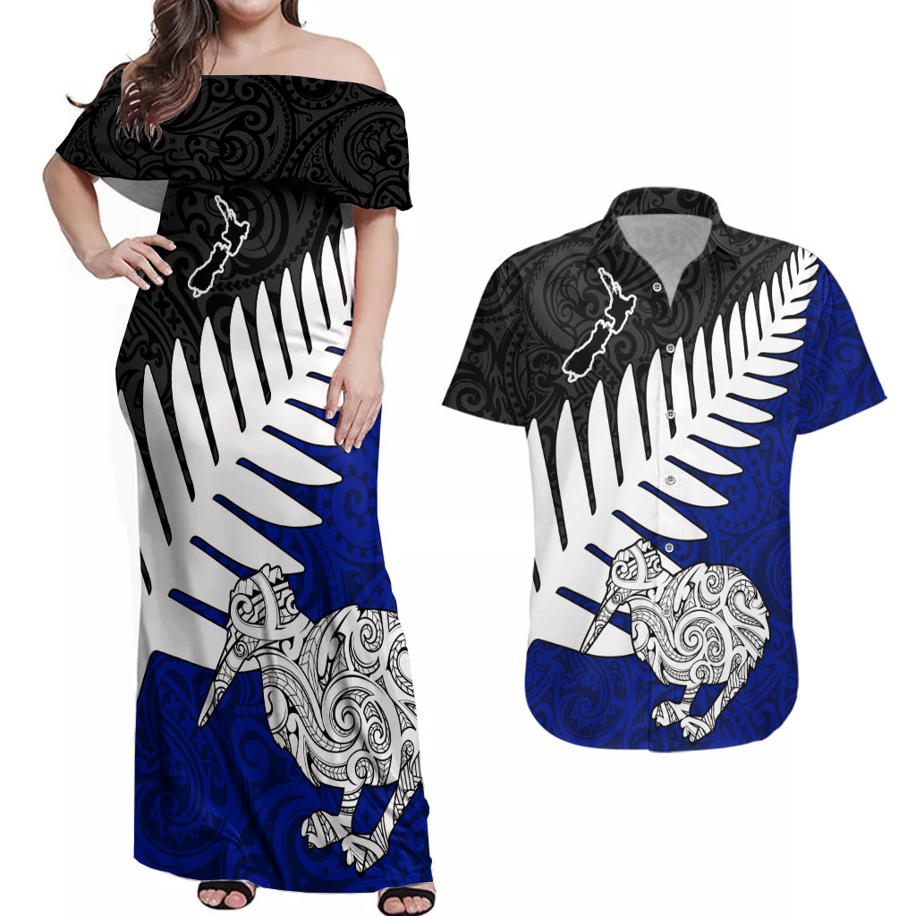 Aotearoa New Zealand Couples Matching Off Shoulder Maxi Dress and Hawaiian Shirt Silver Fern Kiwi Bird and NZ Map with Maori Tribal Blue Style LT03 Blue - Polynesian Pride