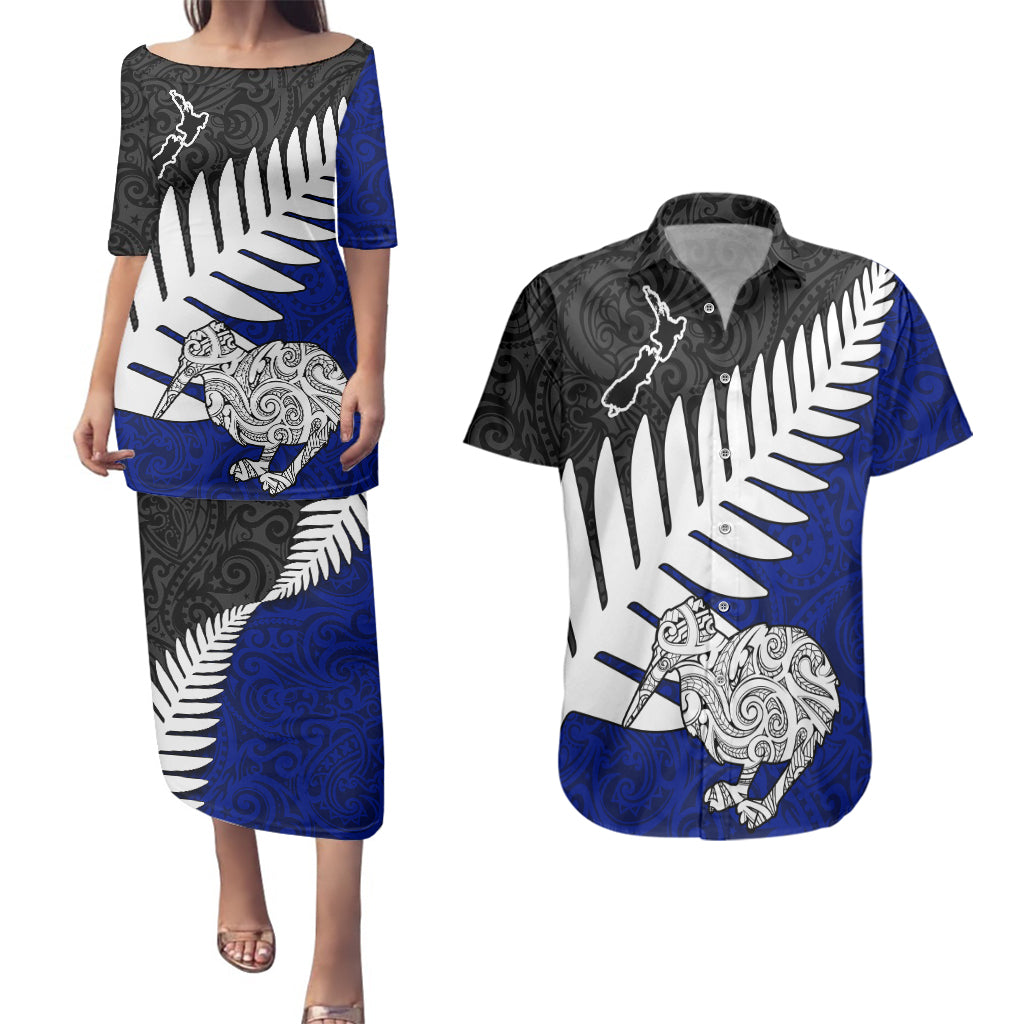 Aotearoa New Zealand Couples Matching Puletasi Dress and Hawaiian Shirt Silver Fern Kiwi Bird and NZ Map with Maori Tribal Blue Style LT03 Blue - Polynesian Pride