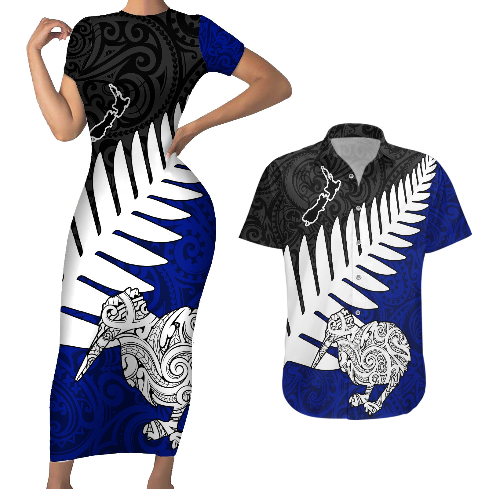 Aotearoa New Zealand Couples Matching Short Sleeve Bodycon Dress and Hawaiian Shirt Silver Fern Kiwi Bird and NZ Map with Maori Tribal Blue Style LT03 Blue - Polynesian Pride