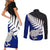 Aotearoa New Zealand Couples Matching Short Sleeve Bodycon Dress and Long Sleeve Button Shirts Silver Fern Kiwi Bird and NZ Map with Maori Tribal Blue Style LT03 - Polynesian Pride