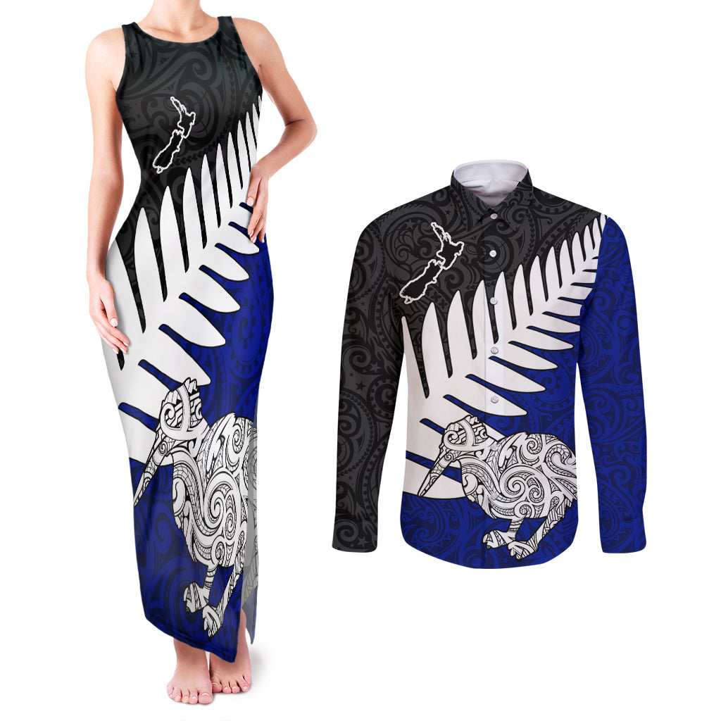 Aotearoa New Zealand Couples Matching Tank Maxi Dress and Long Sleeve Button Shirts Silver Fern Kiwi Bird and NZ Map with Maori Tribal Blue Style LT03 Blue - Polynesian Pride