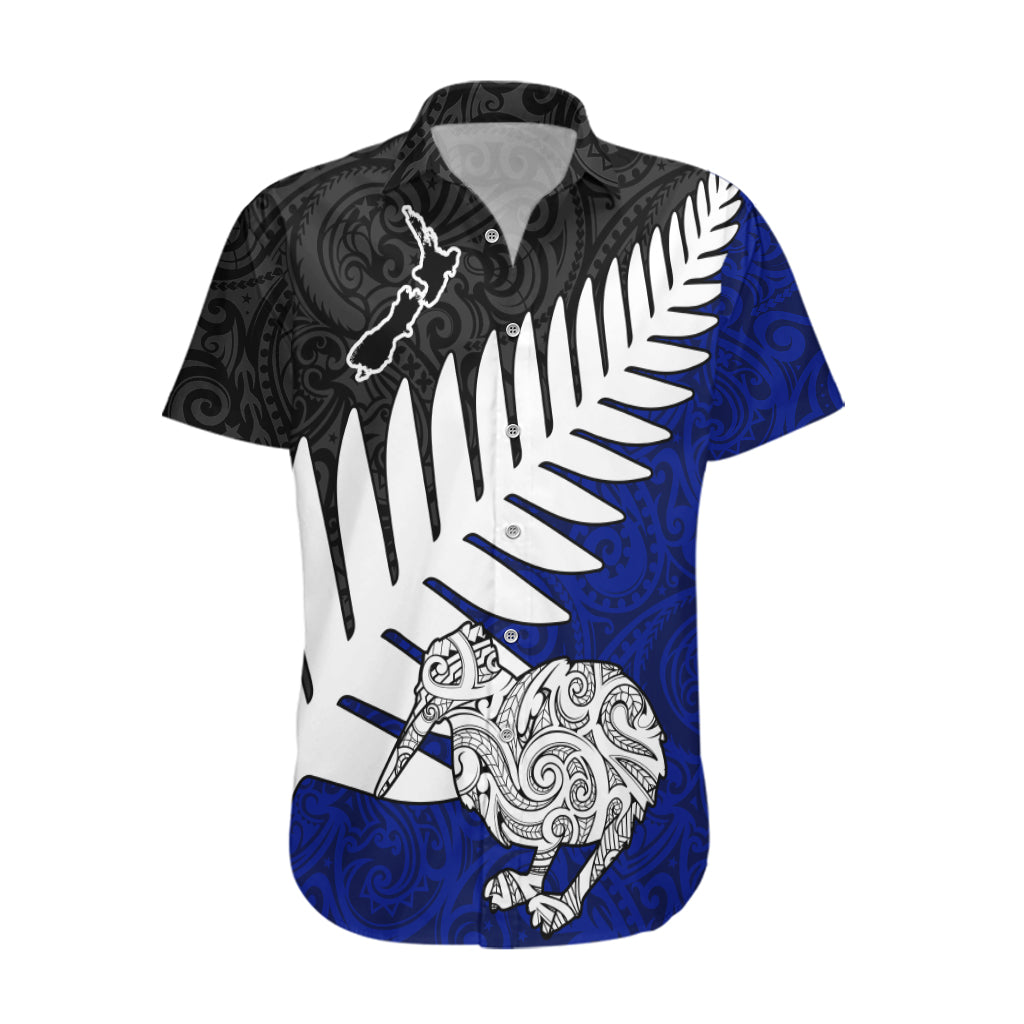 Aotearoa New Zealand Hawaiian Shirt Silver Fern Kiwi Bird and NZ Map with Maori Tribal Blue Style LT03 Blue - Polynesian Pride