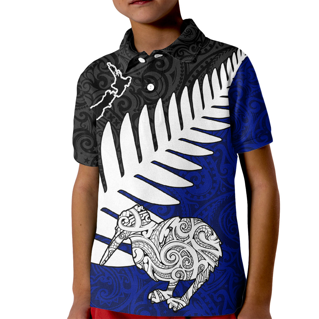 Aotearoa New Zealand Kid Polo Shirt Silver Fern Kiwi Bird and NZ Map with Maori Tribal Blue Style LT03 Kid Blue - Polynesian Pride