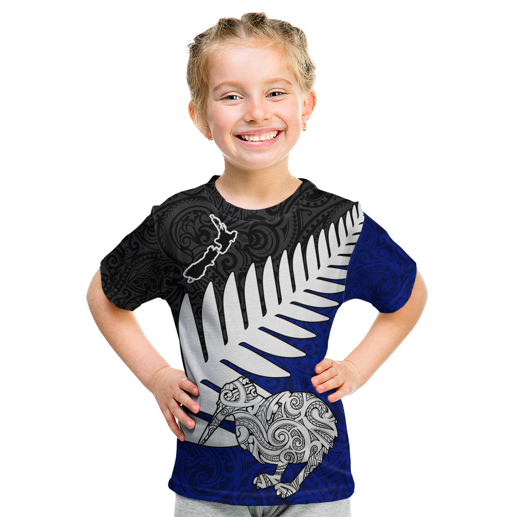 Aotearoa New Zealand Kid T Shirt Silver Fern Kiwi Bird and NZ Map with Maori Tribal Blue Style LT03 Blue - Polynesian Pride