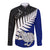 Aotearoa New Zealand Long Sleeve Button Shirt Silver Fern Kiwi Bird and NZ Map with Maori Tribal Blue Style LT03 Unisex Blue - Polynesian Pride