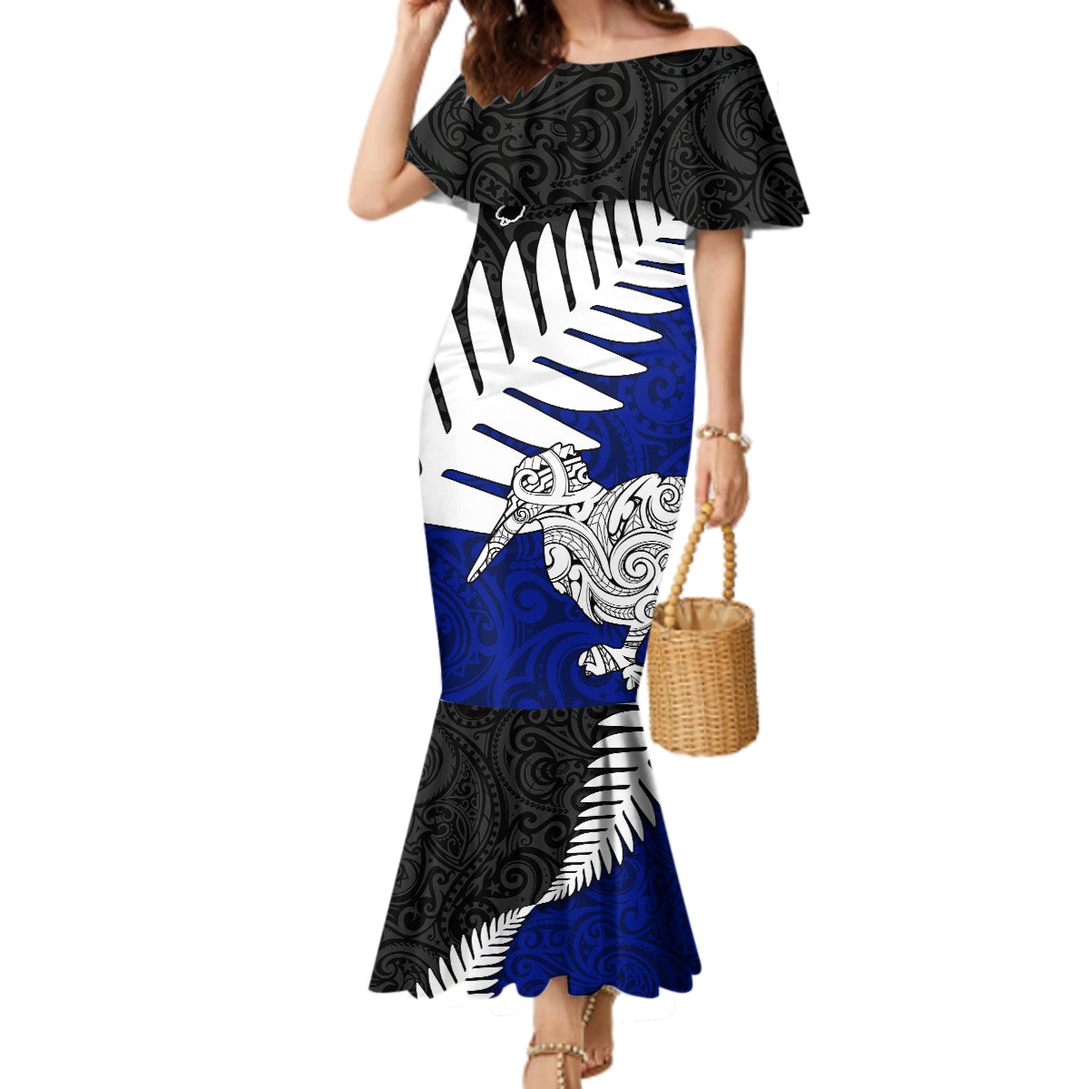 Aotearoa New Zealand Mermaid Dress Silver Fern Kiwi Bird and NZ Map with Maori Tribal Blue Style LT03 Women Blue - Polynesian Pride