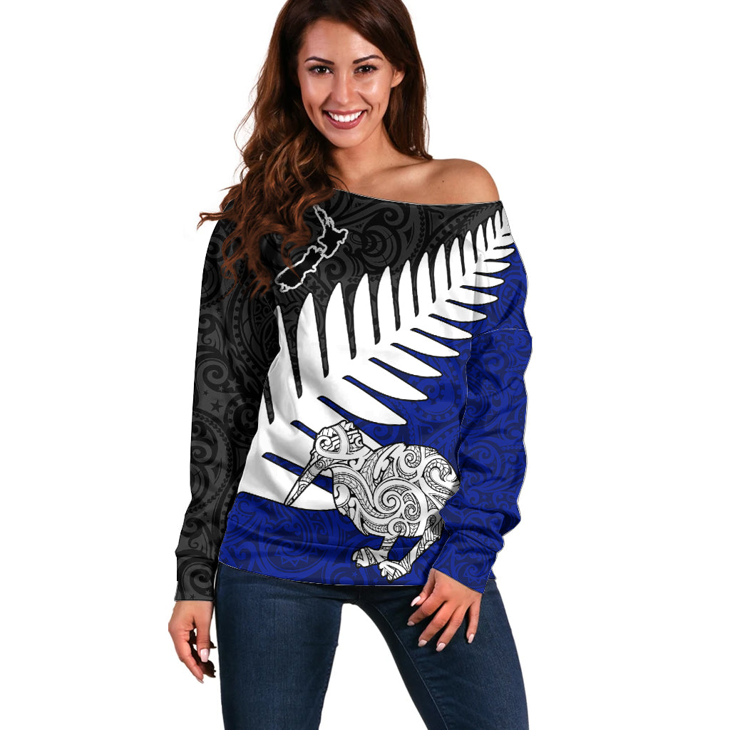 Aotearoa New Zealand Off Shoulder Sweater Silver Fern Kiwi Bird and NZ Map with Maori Tribal Blue Style LT03 Women Blue - Polynesian Pride