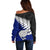 Aotearoa New Zealand Off Shoulder Sweater Silver Fern Kiwi Bird and NZ Map with Maori Tribal Blue Style LT03 - Polynesian Pride