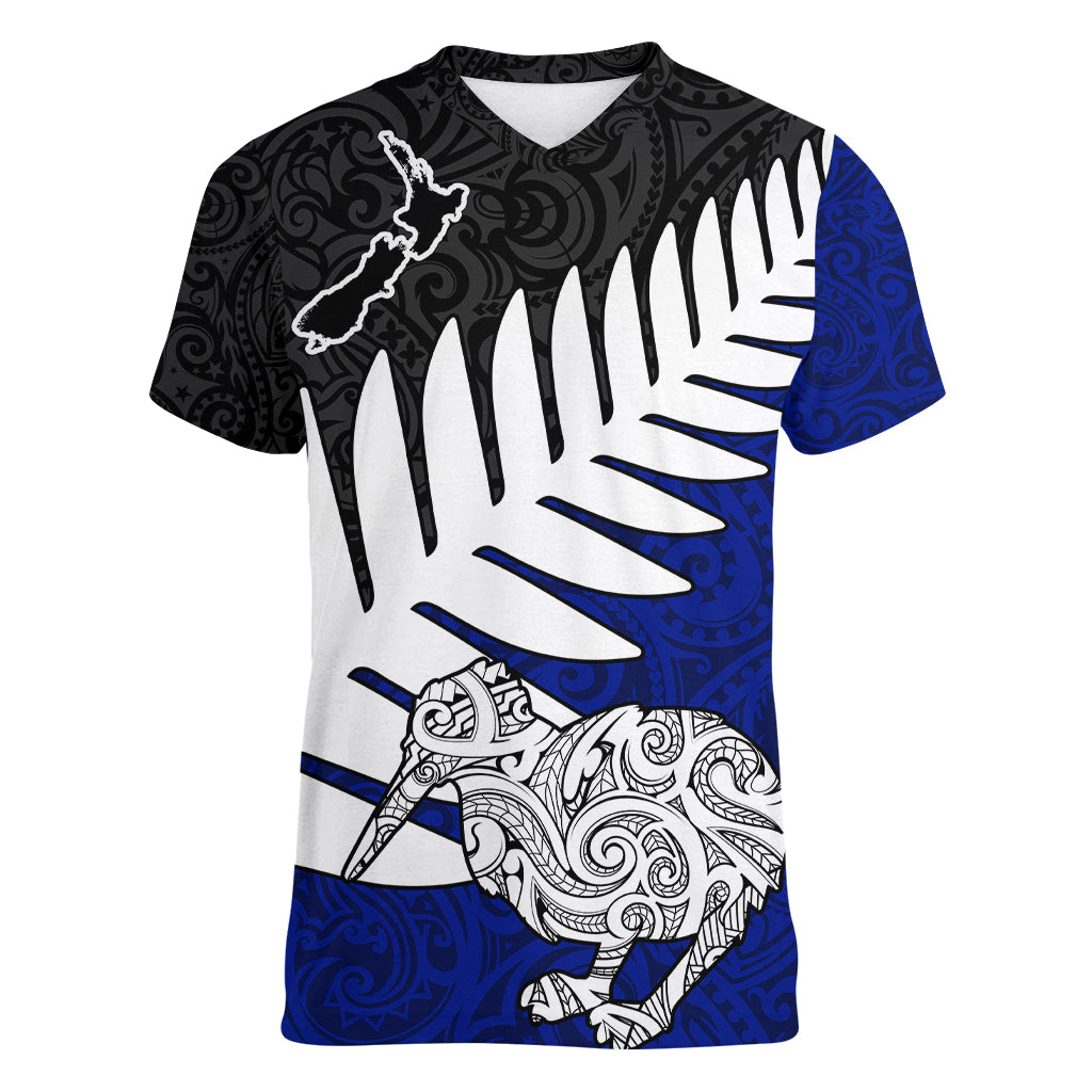 Aotearoa New Zealand Women V Neck T Shirt Silver Fern Kiwi Bird and NZ Map with Maori Tribal Blue Style LT03 Female Blue - Polynesian Pride