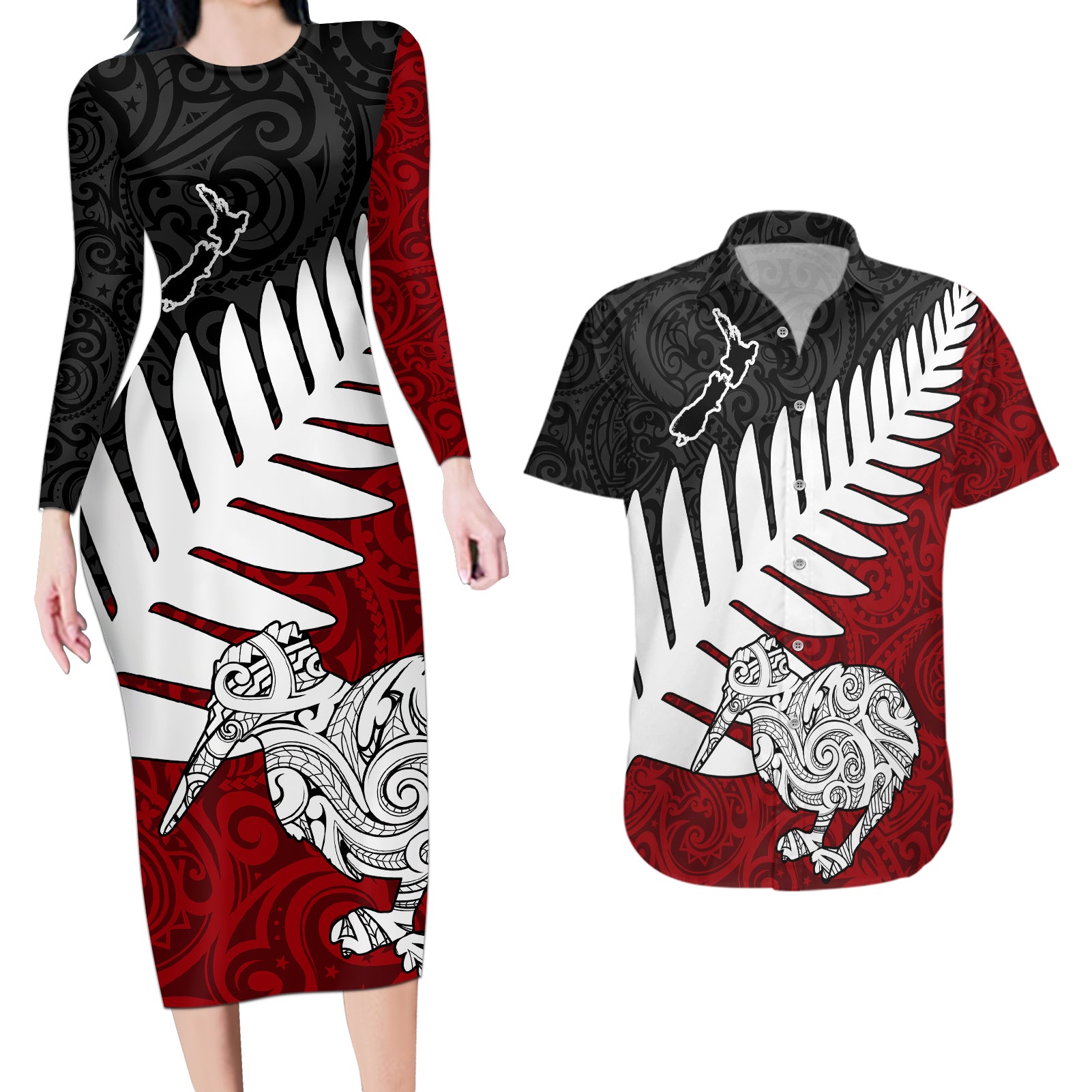 Aotearoa New Zealand Couples Matching Long Sleeve Bodycon Dress and Hawaiian Shirt Silver Fern Kiwi Bird and NZ Map with Maori Tribal Red Style LT03 Pink - Polynesian Pride