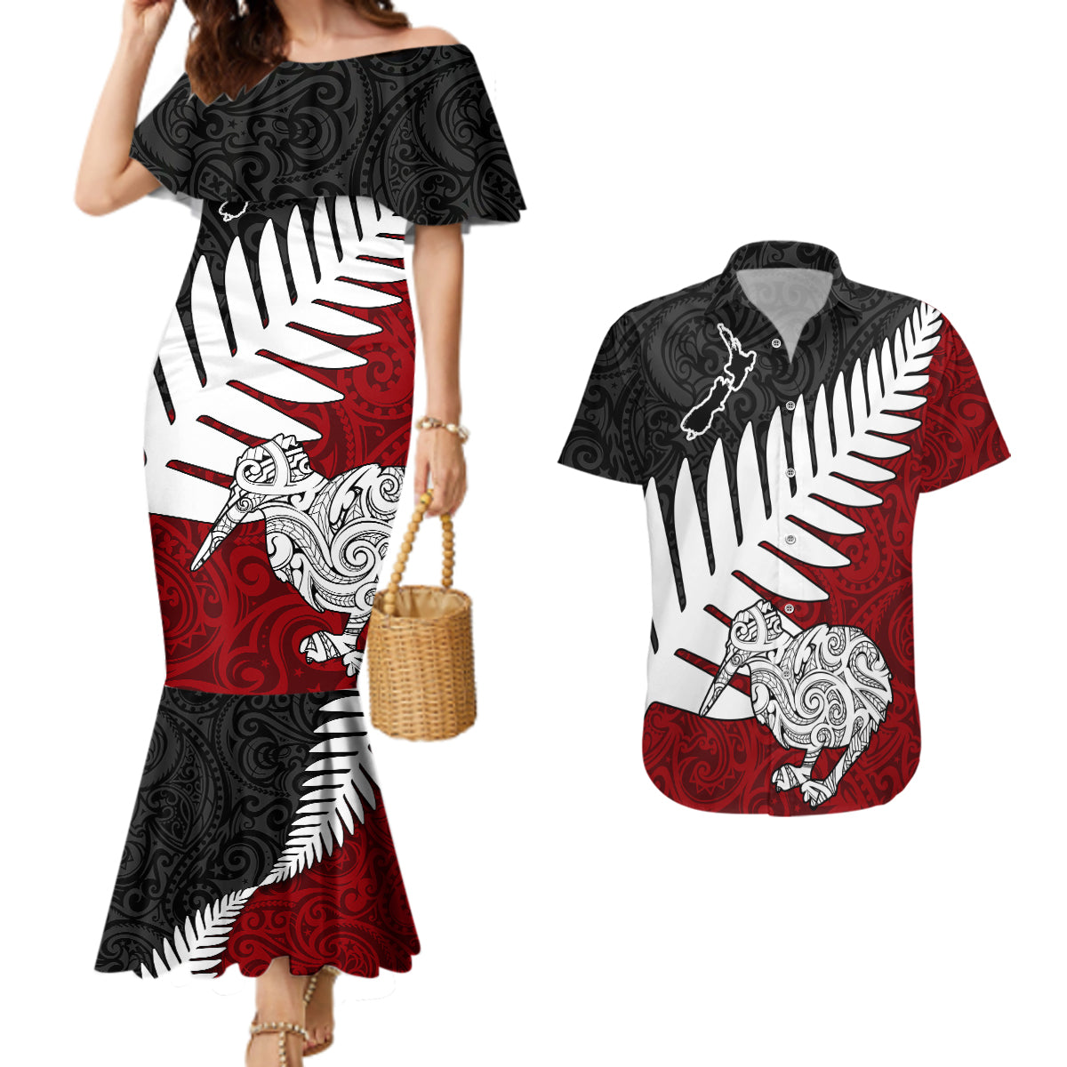 Aotearoa New Zealand Couples Matching Mermaid Dress and Hawaiian Shirt Silver Fern Kiwi Bird and NZ Map with Maori Tribal Red Style LT03 Pink - Polynesian Pride