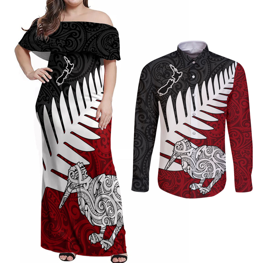 Aotearoa New Zealand Couples Matching Off Shoulder Maxi Dress and Long Sleeve Button Shirts Silver Fern Kiwi Bird and NZ Map with Maori Tribal Red Style LT03 Pink - Polynesian Pride