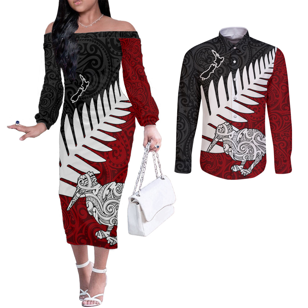 Aotearoa New Zealand Couples Matching Off The Shoulder Long Sleeve Dress and Long Sleeve Button Shirts Silver Fern Kiwi Bird and NZ Map with Maori Tribal Red Style LT03 Pink - Polynesian Pride