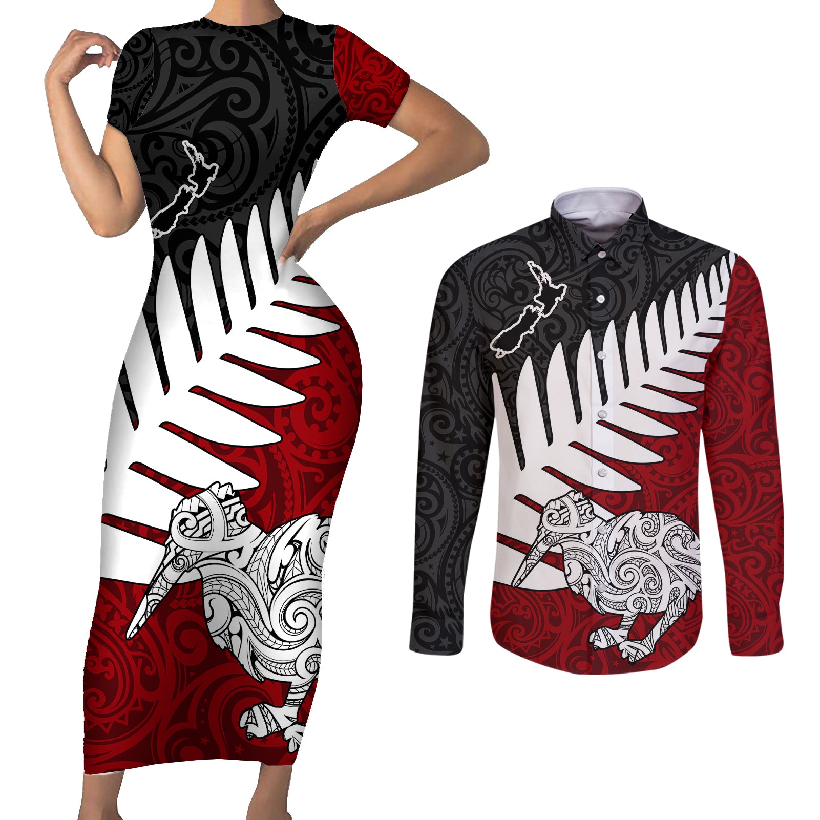 Aotearoa New Zealand Couples Matching Short Sleeve Bodycon Dress and Long Sleeve Button Shirts Silver Fern Kiwi Bird and NZ Map with Maori Tribal Red Style LT03 Pink - Polynesian Pride