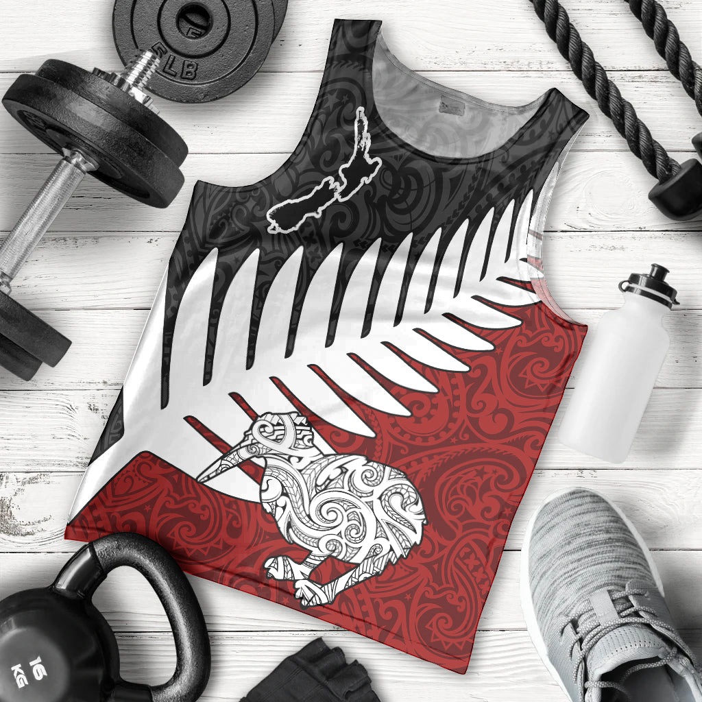 Aotearoa New Zealand Men Tank Top Silver Fern Kiwi Bird and NZ Map with Maori Tribal Red Style LT03 Pink - Polynesian Pride