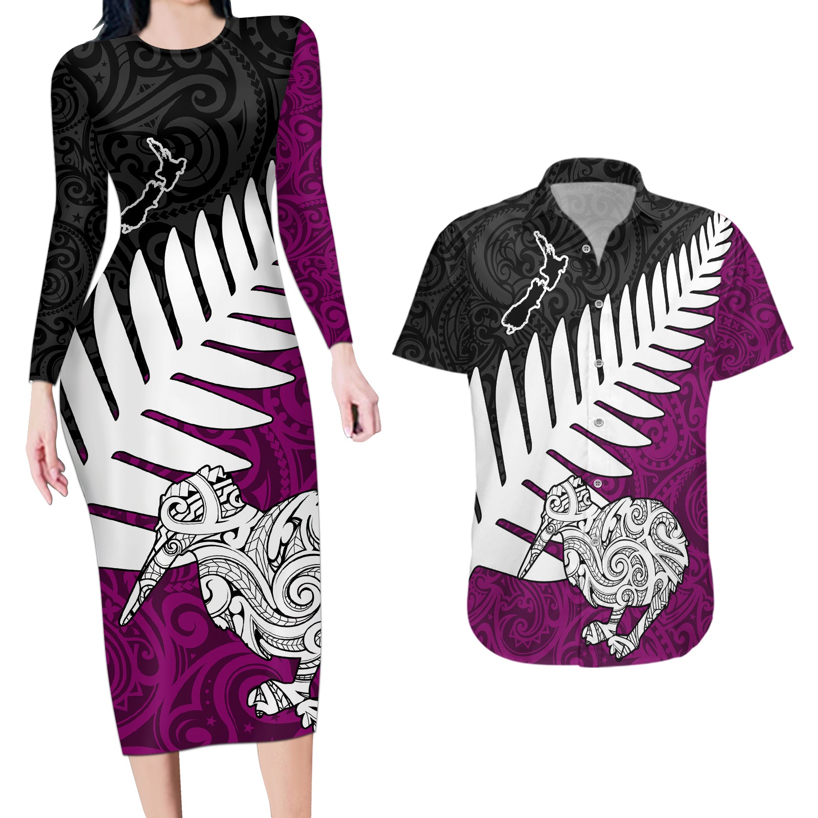 Aotearoa New Zealand Couples Matching Long Sleeve Bodycon Dress and Hawaiian Shirt Silver Fern Kiwi Bird and NZ Map with Maori Tribal Pink Style LT03 Red - Polynesian Pride