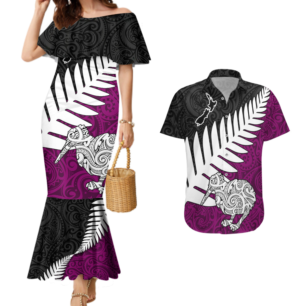 Aotearoa New Zealand Couples Matching Mermaid Dress and Hawaiian Shirt Silver Fern Kiwi Bird and NZ Map with Maori Tribal Pink Style LT03 Red - Polynesian Pride