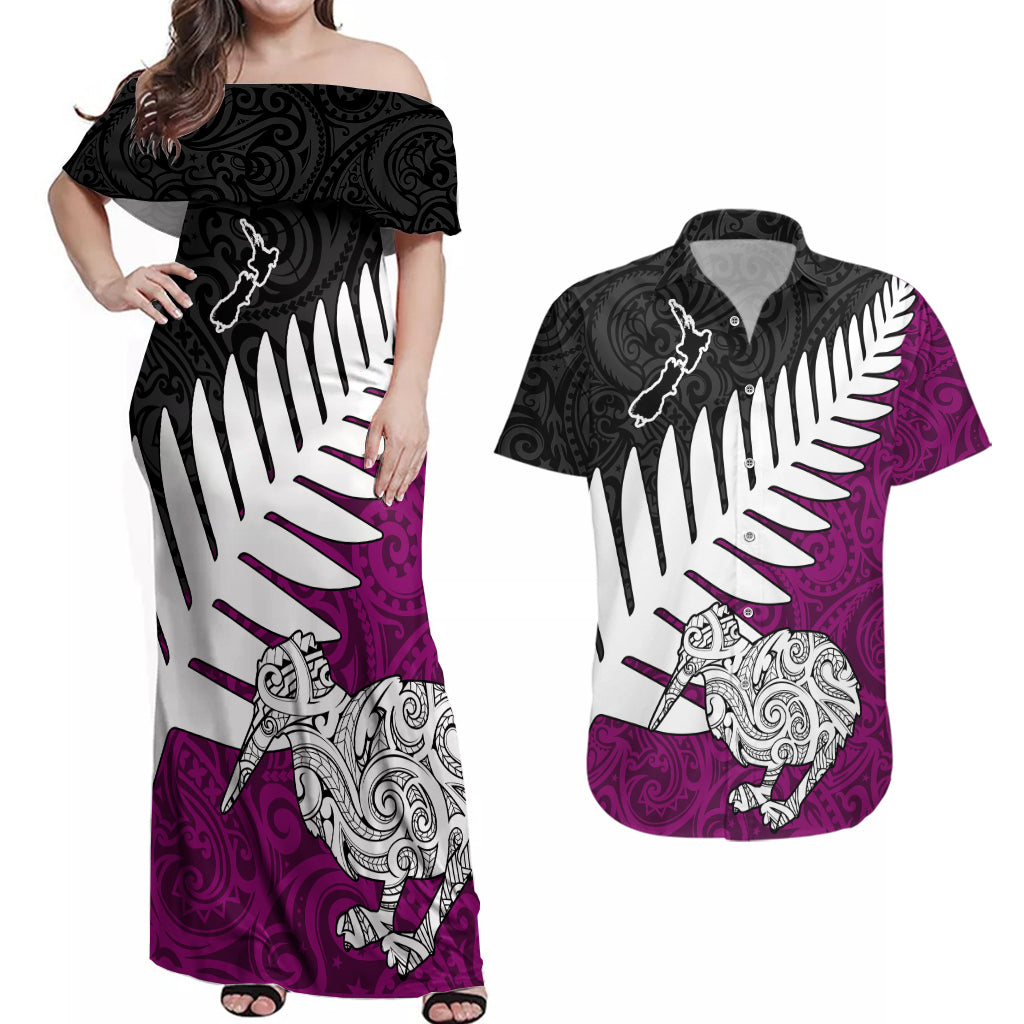 Aotearoa New Zealand Couples Matching Off Shoulder Maxi Dress and Hawaiian Shirt Silver Fern Kiwi Bird and NZ Map with Maori Tribal Pink Style LT03 Red - Polynesian Pride