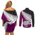 Aotearoa New Zealand Couples Matching Off Shoulder Short Dress and Long Sleeve Button Shirts Silver Fern Kiwi Bird and NZ Map with Maori Tribal Pink Style LT03 - Polynesian Pride