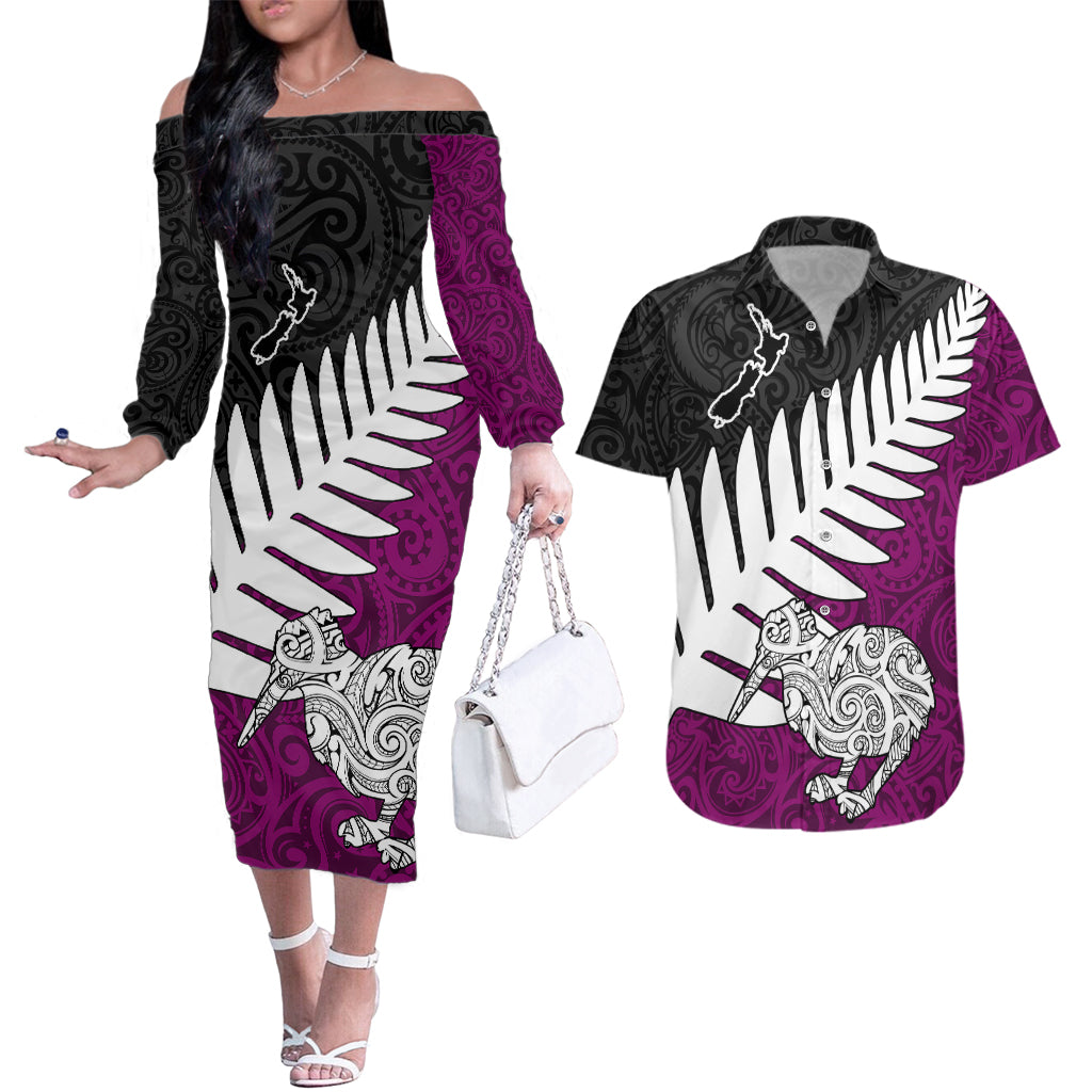 Aotearoa New Zealand Couples Matching Off The Shoulder Long Sleeve Dress and Hawaiian Shirt Silver Fern Kiwi Bird and NZ Map with Maori Tribal Pink Style LT03 Red - Polynesian Pride