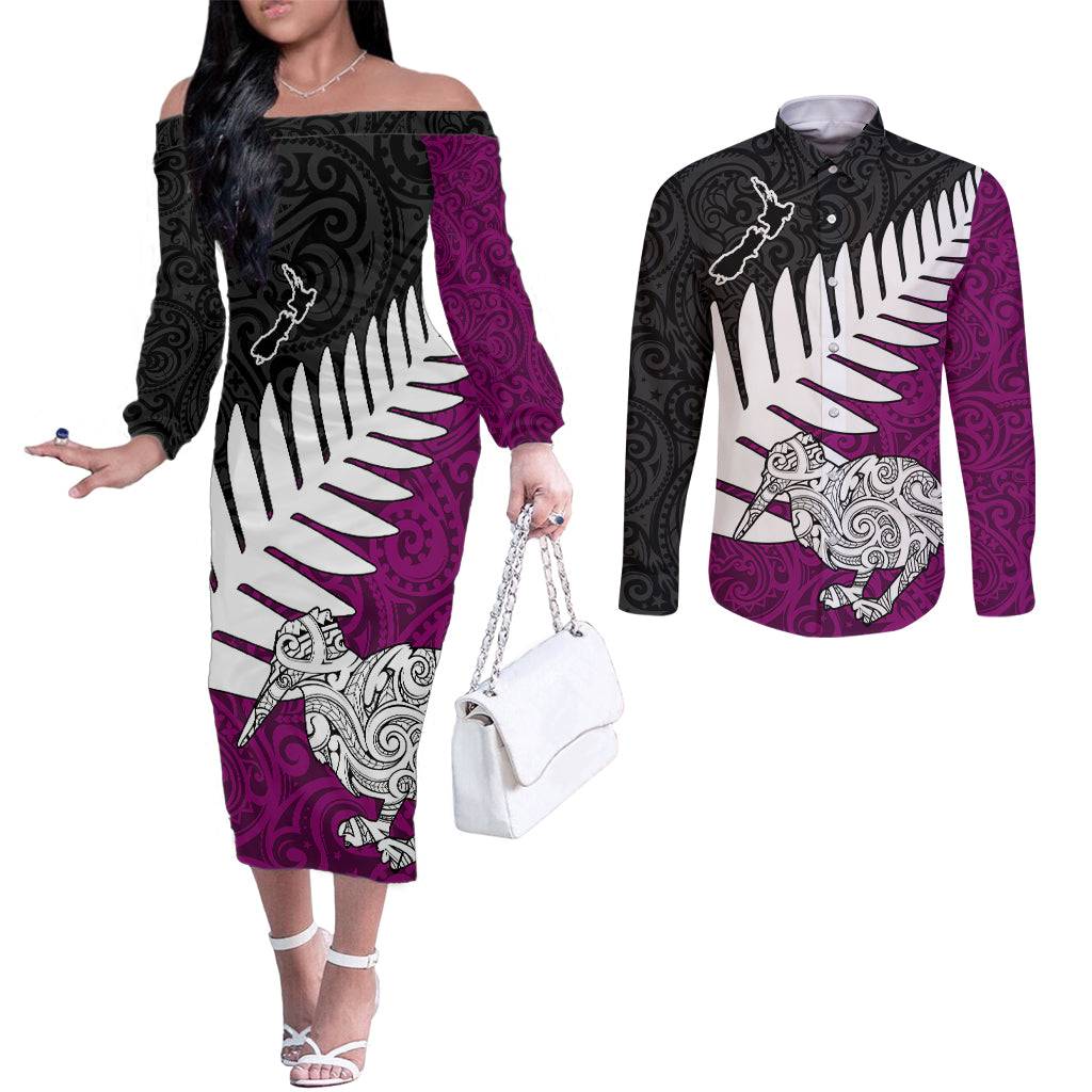 Aotearoa New Zealand Couples Matching Off The Shoulder Long Sleeve Dress and Long Sleeve Button Shirts Silver Fern Kiwi Bird and NZ Map with Maori Tribal Pink Style LT03 Red - Polynesian Pride