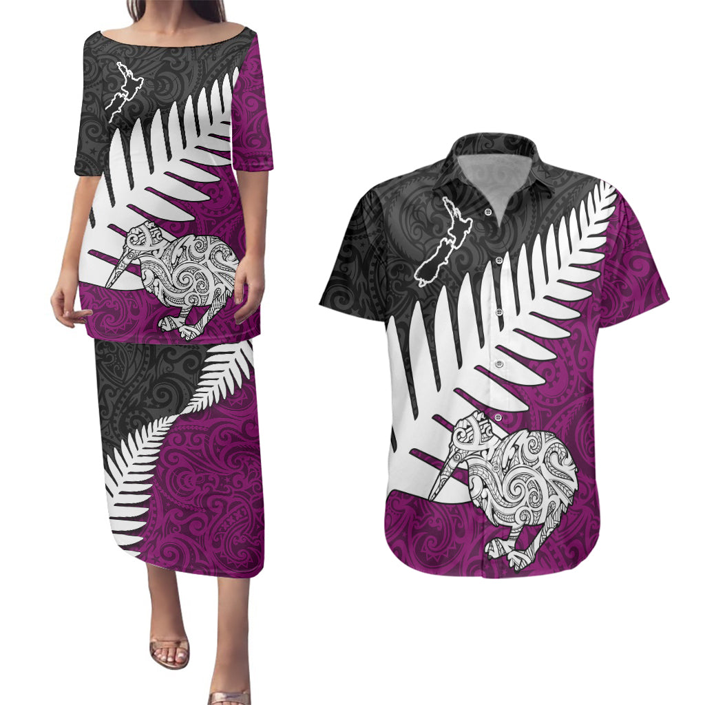 Aotearoa New Zealand Couples Matching Puletasi Dress and Hawaiian Shirt Silver Fern Kiwi Bird and NZ Map with Maori Tribal Pink Style LT03 Red - Polynesian Pride