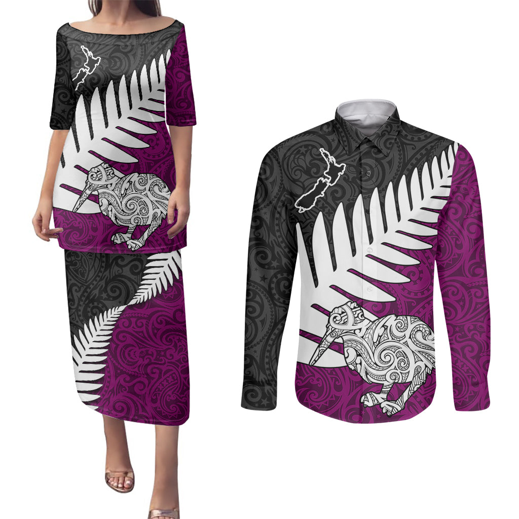 Aotearoa New Zealand Couples Matching Puletasi Dress and Long Sleeve Button Shirts Silver Fern Kiwi Bird and NZ Map with Maori Tribal Pink Style LT03 Red - Polynesian Pride