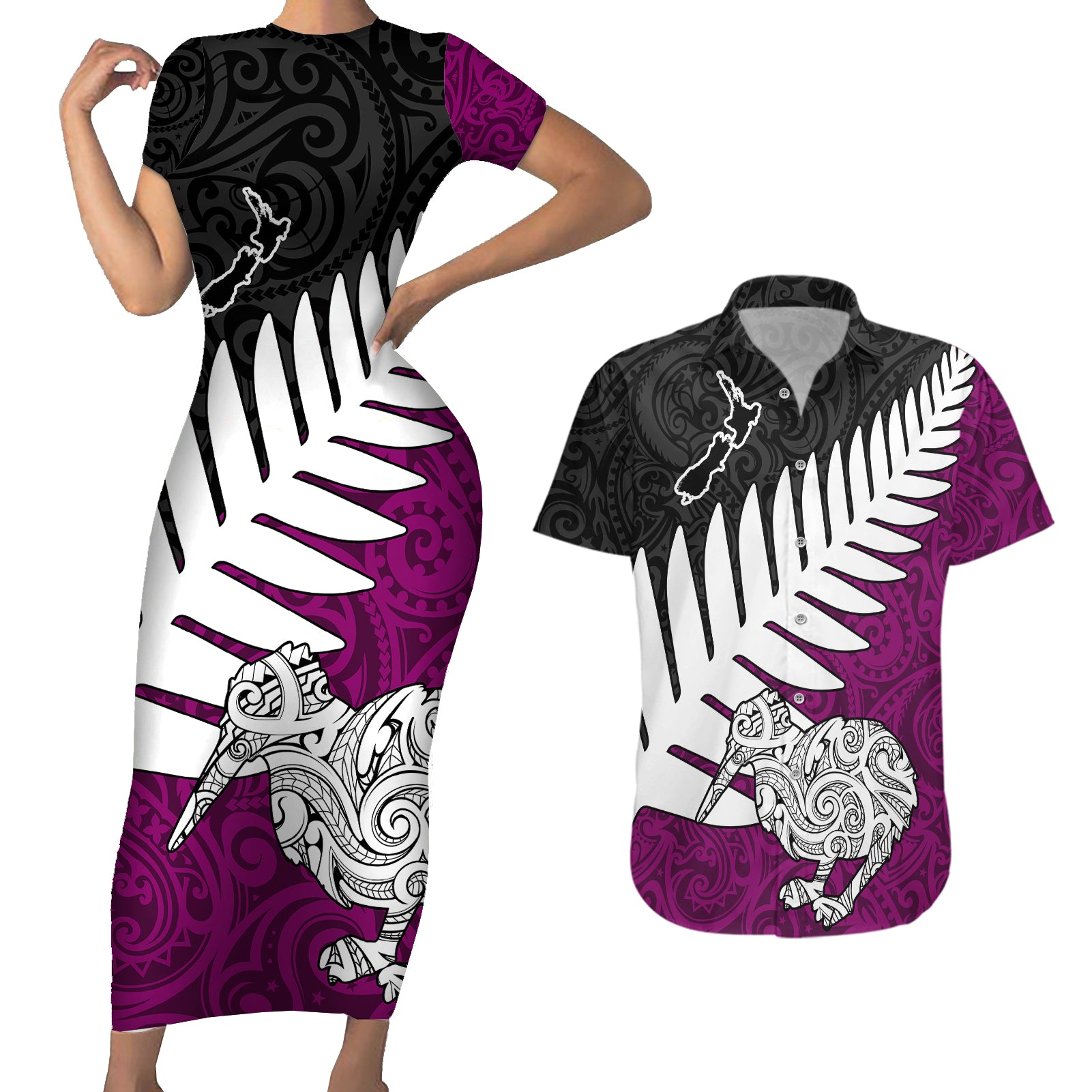 Aotearoa New Zealand Couples Matching Short Sleeve Bodycon Dress and Hawaiian Shirt Silver Fern Kiwi Bird and NZ Map with Maori Tribal Pink Style LT03 Red - Polynesian Pride