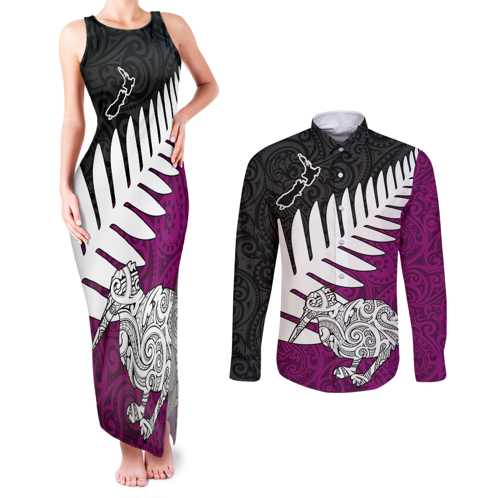 Aotearoa New Zealand Couples Matching Tank Maxi Dress and Long Sleeve Button Shirts Silver Fern Kiwi Bird and NZ Map with Maori Tribal Pink Style LT03 Red - Polynesian Pride