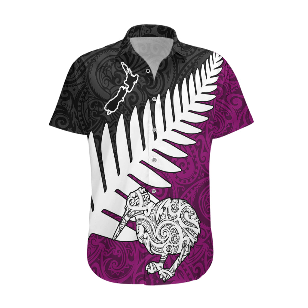 Aotearoa New Zealand Hawaiian Shirt Silver Fern Kiwi Bird and NZ Map with Maori Tribal Pink Style LT03 Red - Polynesian Pride